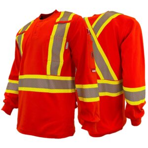 Orange FR / Arc Flash Long Sleeve Henley Shirts w/4"Segmented Striping by Atlas Workwear - Style 4034OR