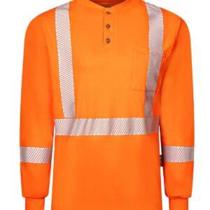 Hi Vis Orange Front Line Fabric 6.9 oz. Long Sleeve Henley w/Segmented Striping by IFR Workwear Style 662